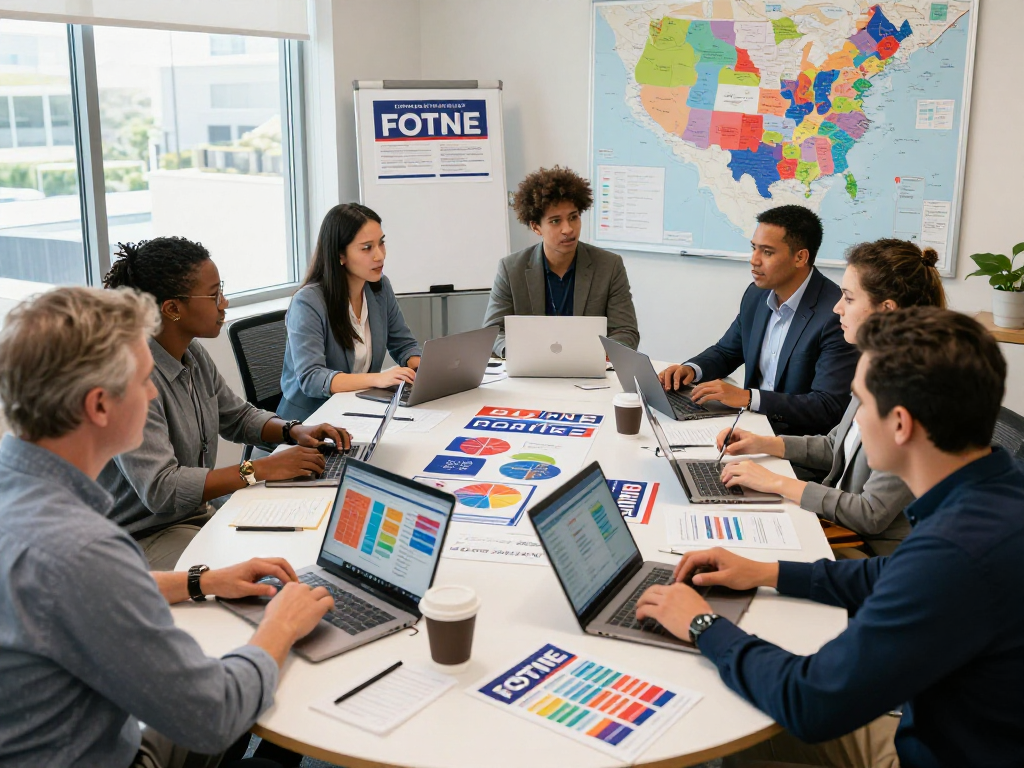 Political direct mail company brainstorming in dynamic campaign office, strategists analyzing voter data.