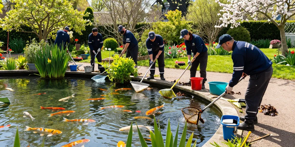 Pond Cleaning Sussex professionals removing debris from a koi pond, surrounded by lush greenery and sunlight.
