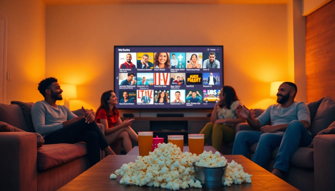 Friends enjoying the latest web series online during a cozy movie night.