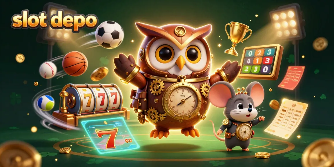 Experience the thrill of slot depo with an interactive 3D illustration of time-traveling characters surrounded by casino elements.