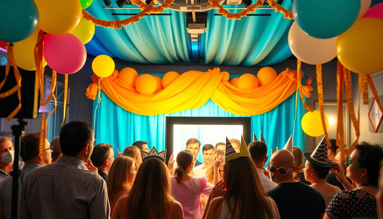 Guests having fun at a photo booth chicago event, capturing joyful moments with vibrant decorations.