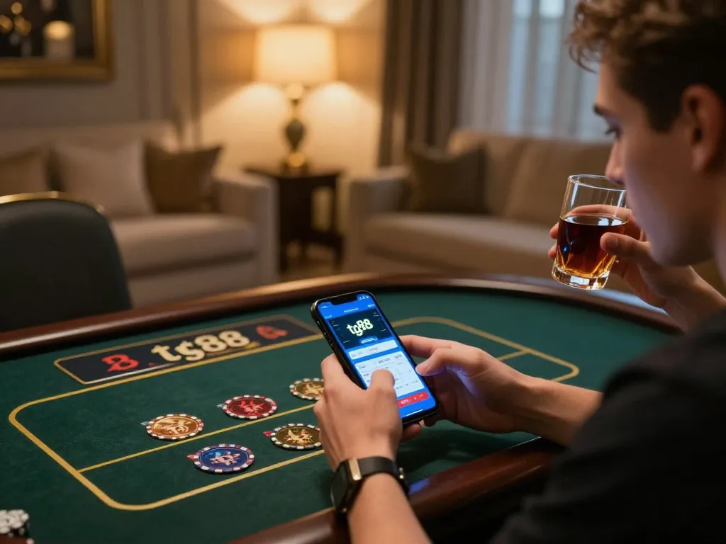 Person engaging with the tg88 betting app on their smartphone during a cozy at-home gaming session.