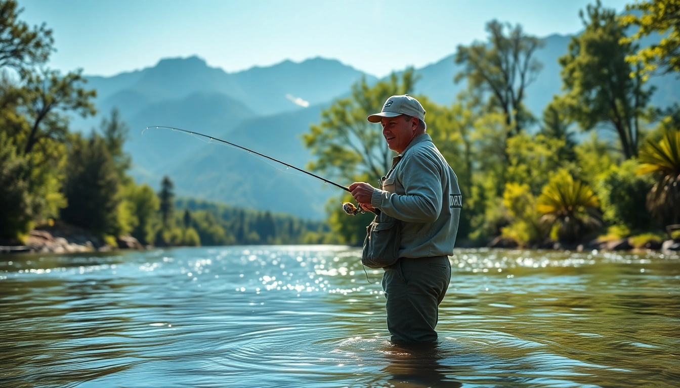 Engaging fly fishing for beginners in a serene river setting with vibrant greens.