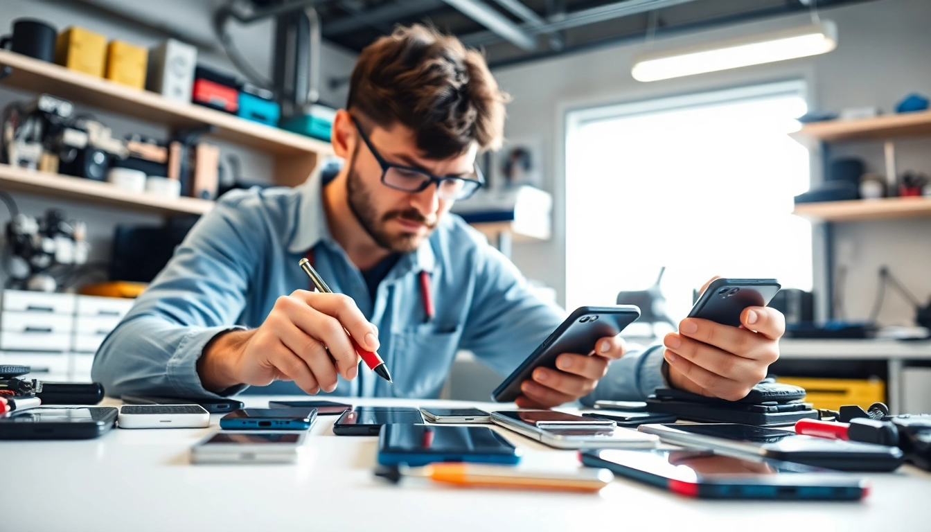 Showcase cash for phones North Little Rock AR with a technician examining smartphones in a professional workspace.