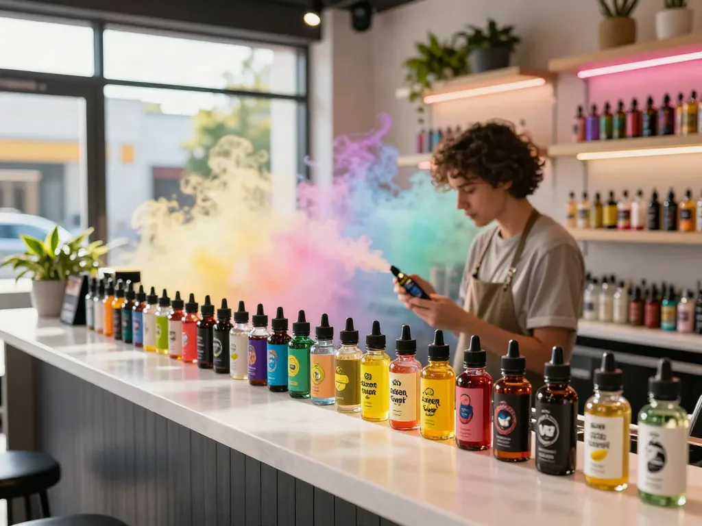 Vibrant vape shop display featuring Lemon Twist Golden Coast Lemon Bar e-liquid bottles
