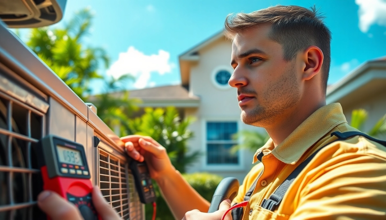 HVAC Repair Tampa technician inspecting air conditioning unit with tools in hand.