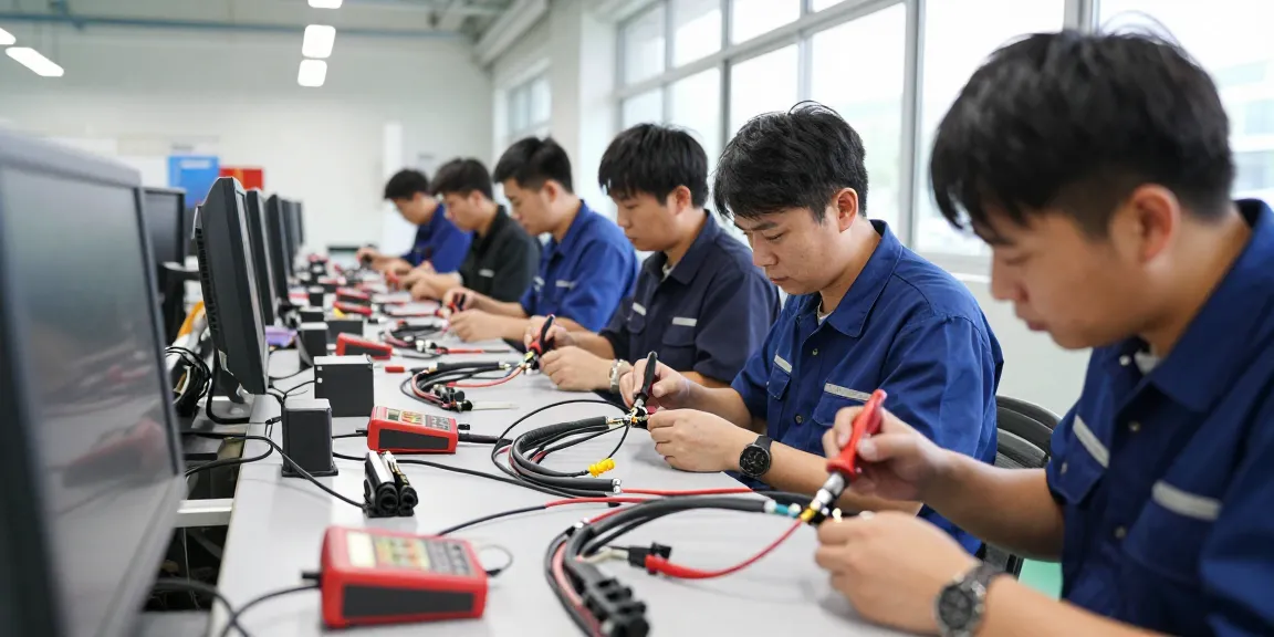 Engineers assembling automotive electrical connectors in a modern workshop, showcasing expertise of automotive electrical connector manufacturers.