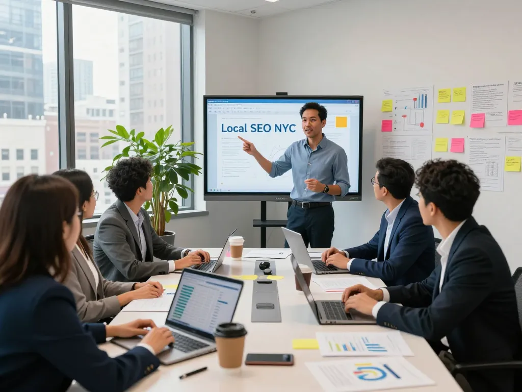 Enhance your Local SEO NYC strategies with a team collaboration scene in a vibrant NYC office.