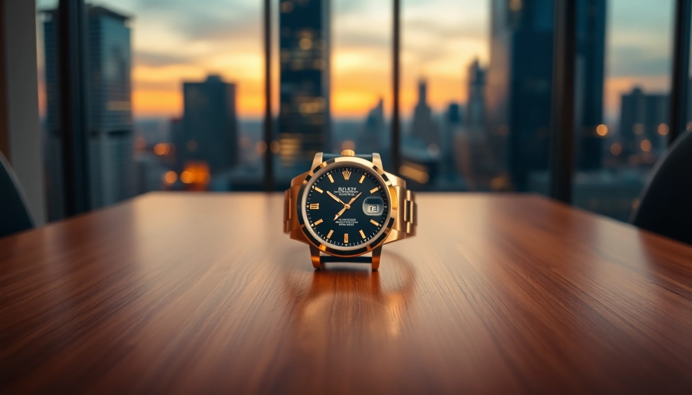 Admire the exquisite details of a rolex replica watch sitting elegantly on a table.