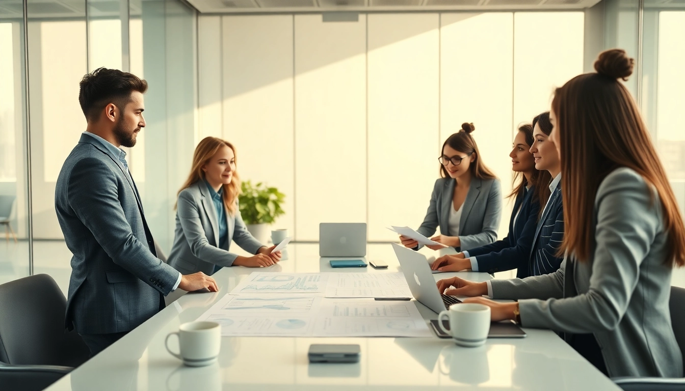 Consultants engaging in discussion about Federal and State contracts in a modern office.