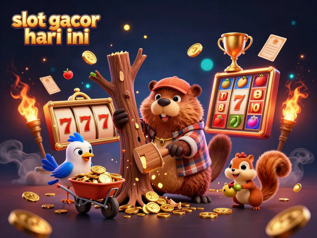 Slot gacor hari ini dengan ilustrasi menarik, menampilkan karakter kartun berang-berang dan teman di kasino.