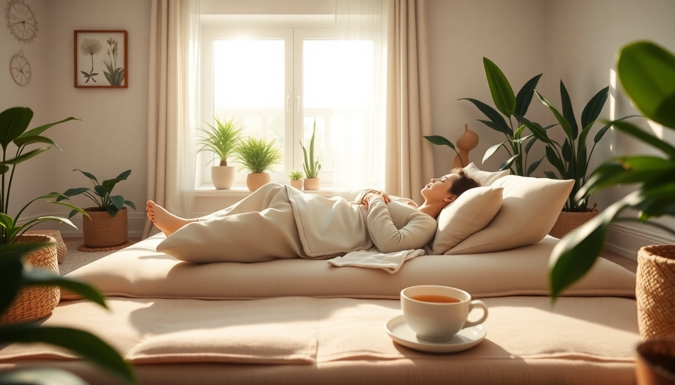 Person using Stachelmatte in a relaxing home environment to relieve stress.