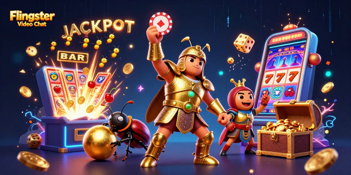 Engage with Flingster Video Chat's lively atmosphere featuring a victorious beetle in a casino scene.