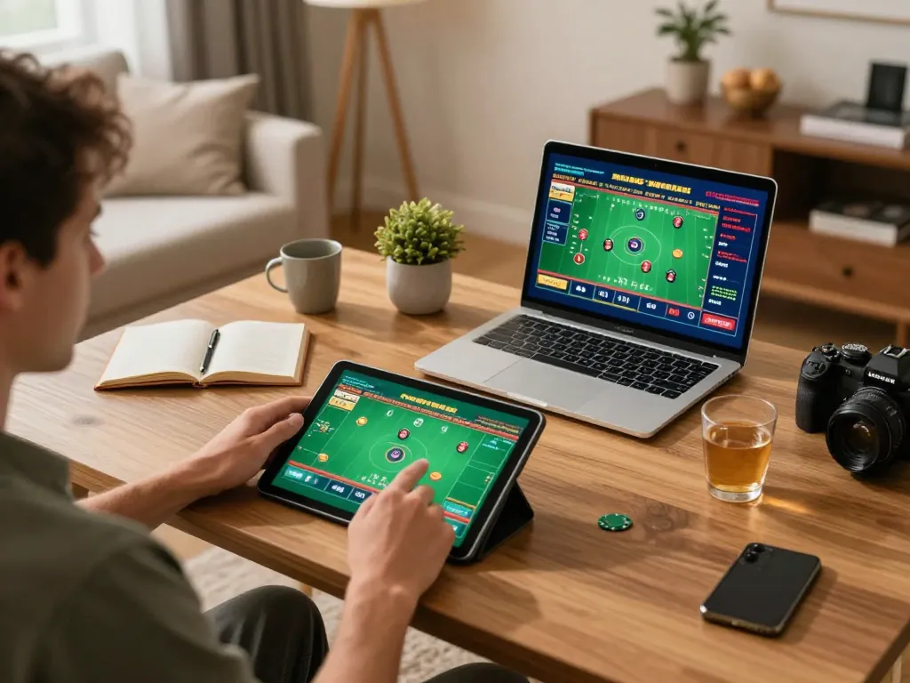 Person engaging in online gaming at home with okwin app, showcasing a focused betting moment.