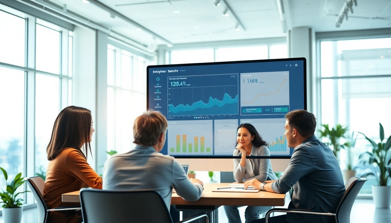 Illustration depicting enterprise search ai in a vibrant office setting, showcasing collaboration and technology.