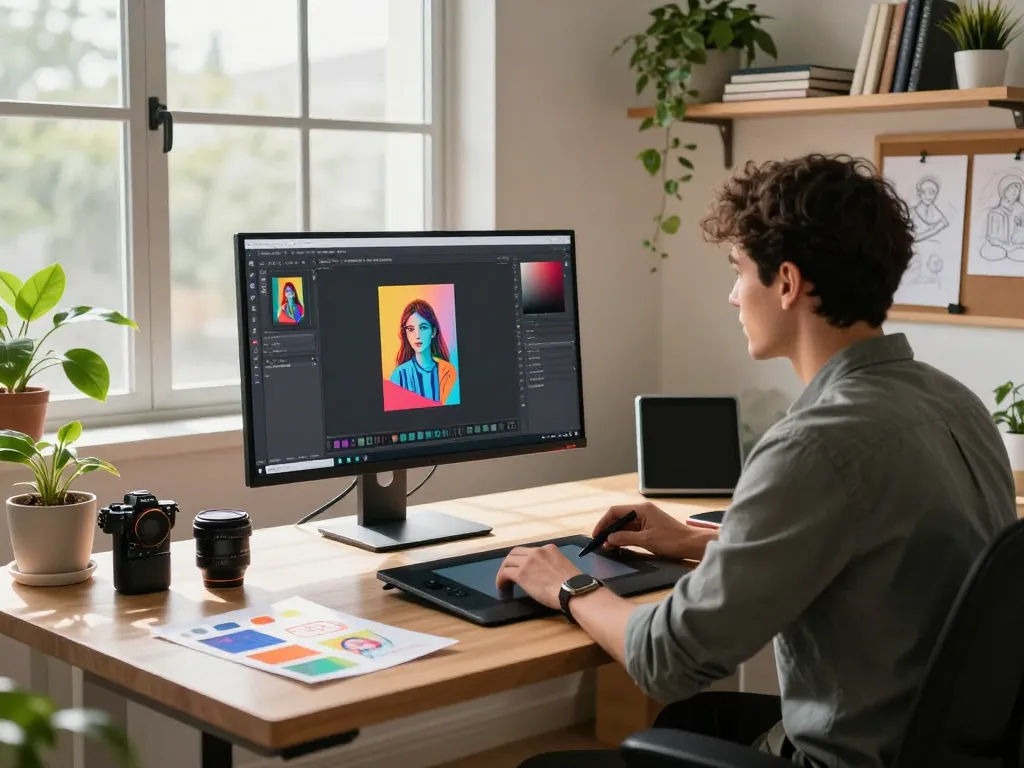 Creating with nano banana pro AI image editor in a vibrant tech workspace