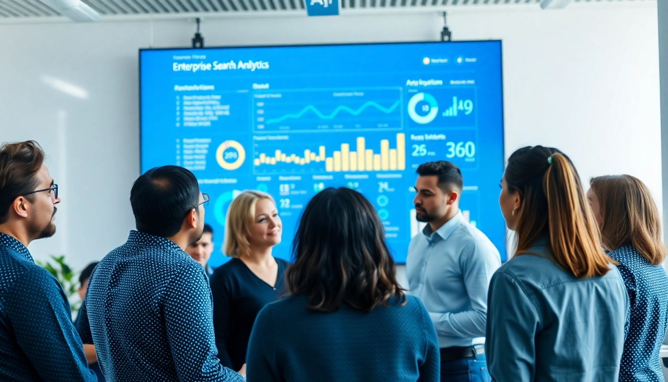 Team analyzing data insights with enterprise search ai tools in a modern office setting.