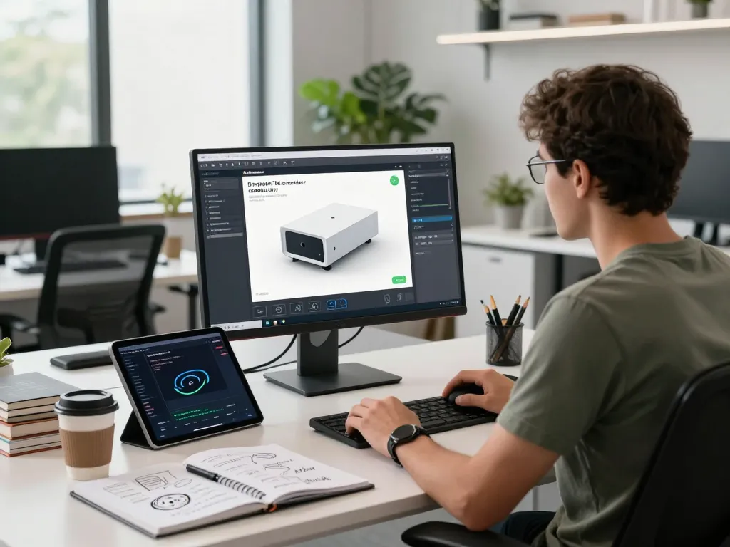 Engaging scene of professionals utilizing 3D product configurator software in a modern office environment.