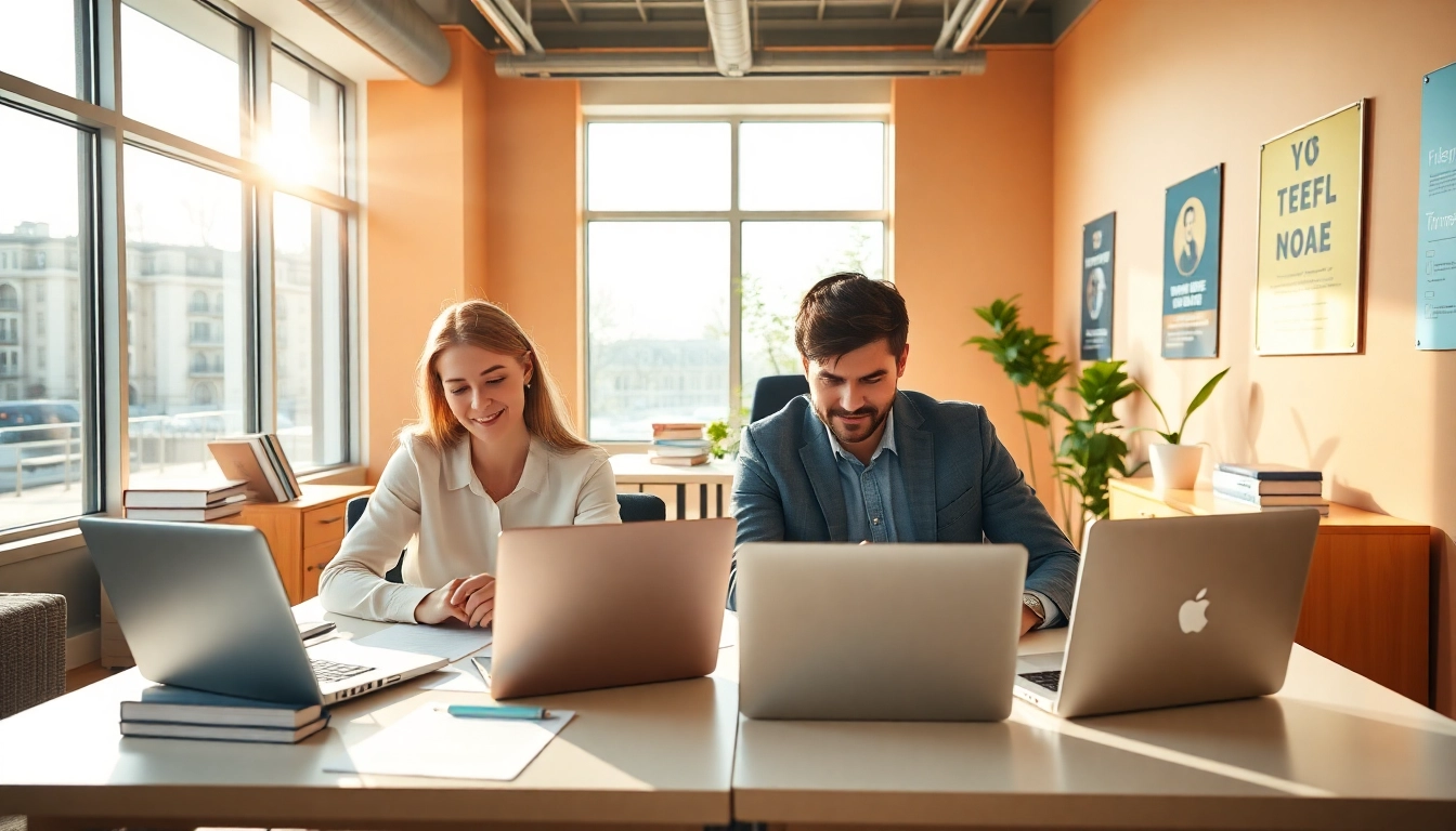 Hire professional TOEFL test takers for hire analyzing study materials in a bright office.