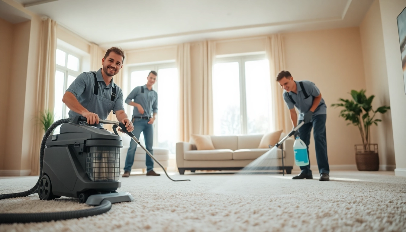 Local carpet cleaners demonstrating their efficiency in a modern home environment.
