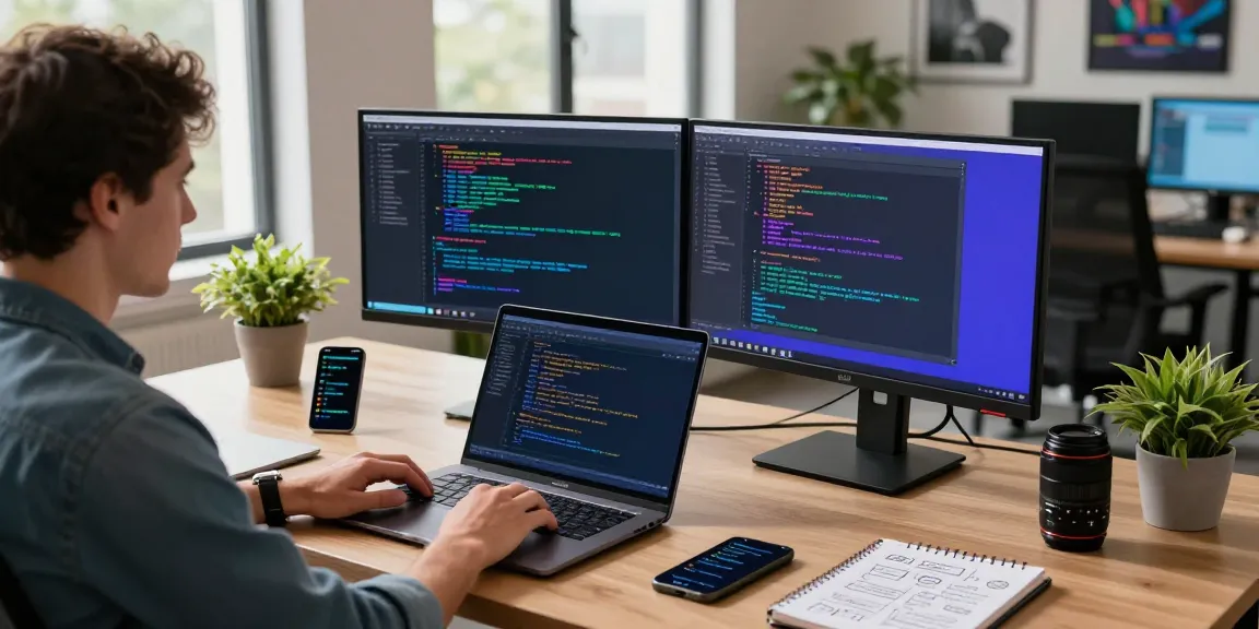 Efficient workspace with a developer coding on a laptop, showcasing advanced tech features of 纸飞机中文版 in a modern office.