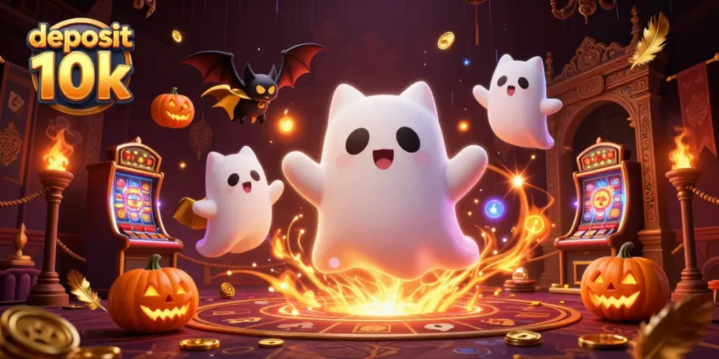 Menghasilkan kemenangan dengan deposit 10k di kasino, dengan karakter kucing hantu dan kelelawar bernuansa Halloween serta elemen judi yang menarik.