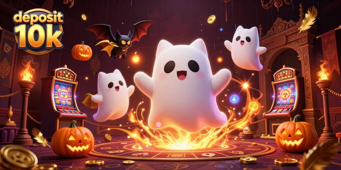 Menghasilkan kemenangan dengan deposit 10k di kasino, dengan karakter kucing hantu dan kelelawar bernuansa Halloween serta elemen judi yang menarik.