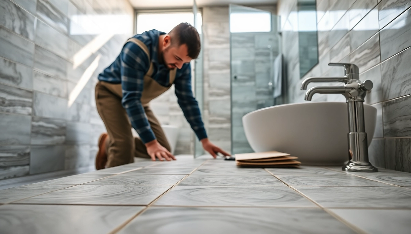Bathroom fitters Manchester installing elegant tiles in a modern bathroom setting.