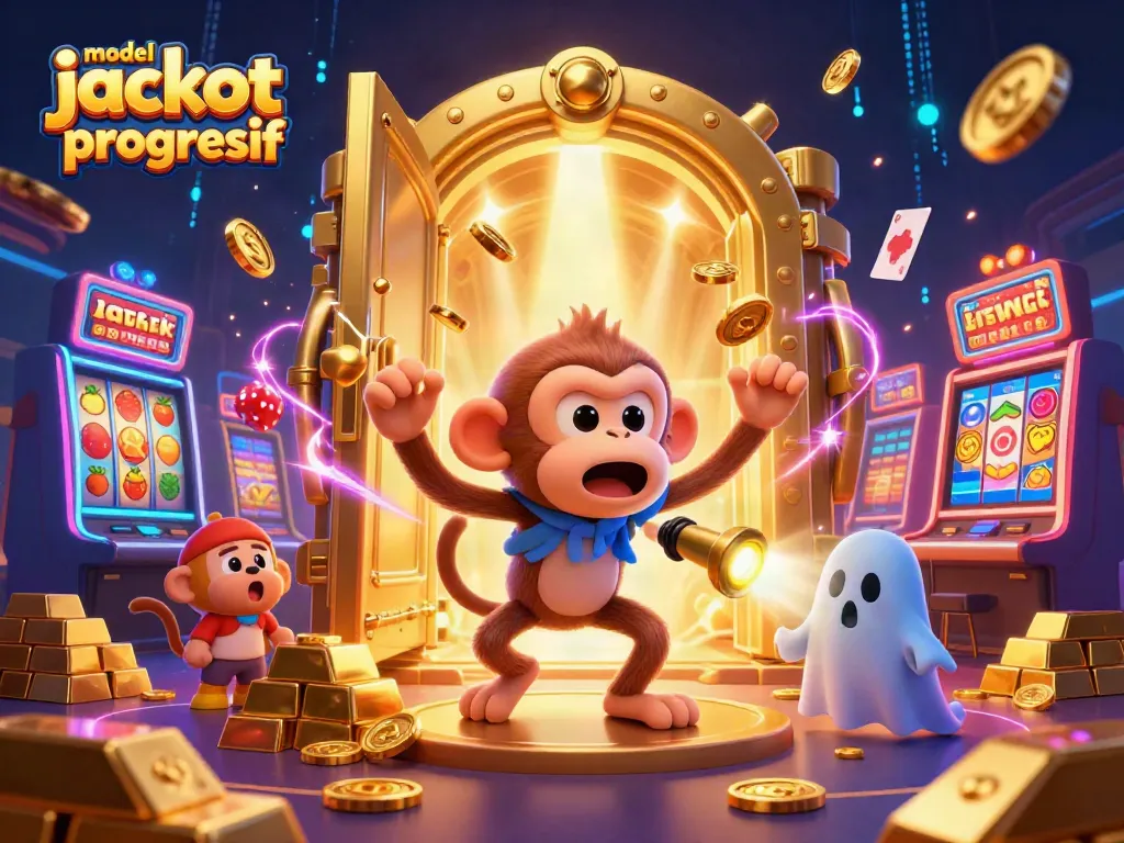 Gambarkan model jackpot progresif dengan mesin slot, koin emas, dan efek cahaya berkilau di kasino.