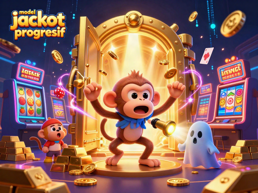 Gambarkan model jackpot progresif dengan mesin slot, koin emas, dan efek cahaya berkilau di kasino.