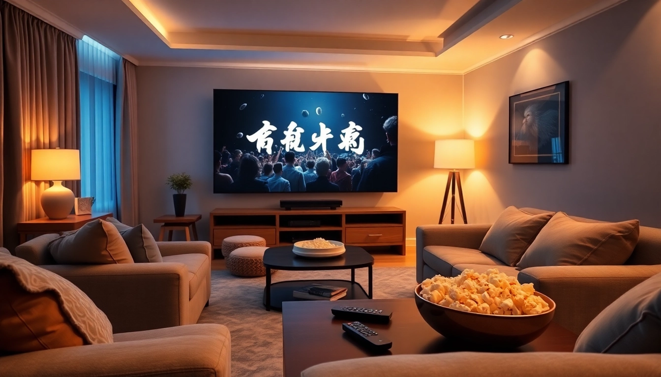 Watch หนังออนไลน์ with a cozy movie setup featuring a large screen and warm lighting.