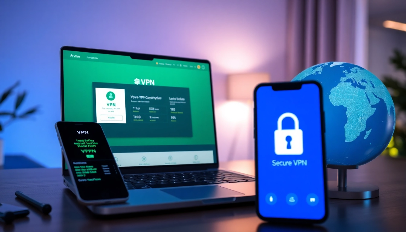 在现代数字工作空间的笔记本电脑上展示的快连 VPN 界面，强调全球互联与安全。