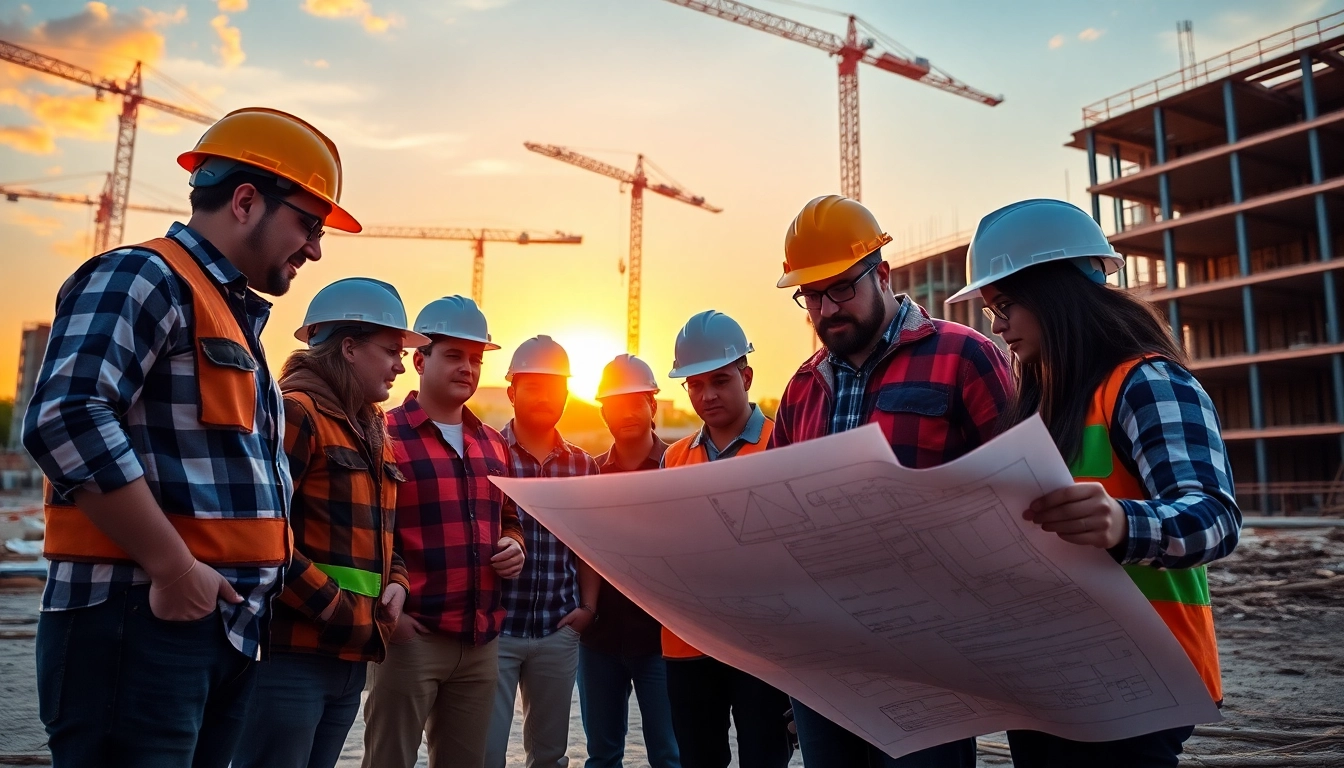 Team members engaged in Carolinas construction site project review with blueprints.