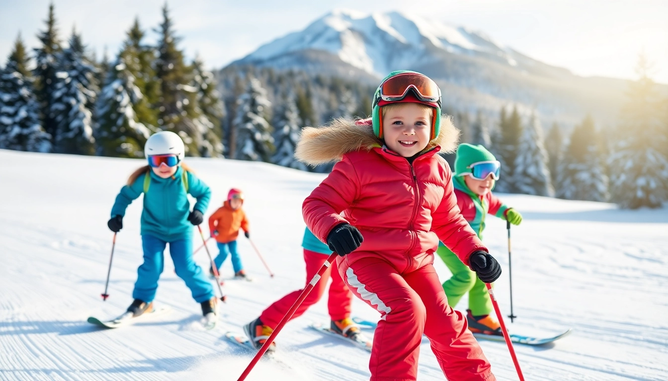 Children enjoying junior ski rentals near Wachusett Mountain on snow-covered slopes.