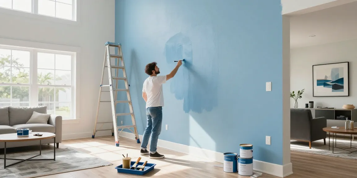 Interior painters Sarasota County FL showcasing a professional painting project in a bright living room, emphasizing color transformation and craftsmanship.