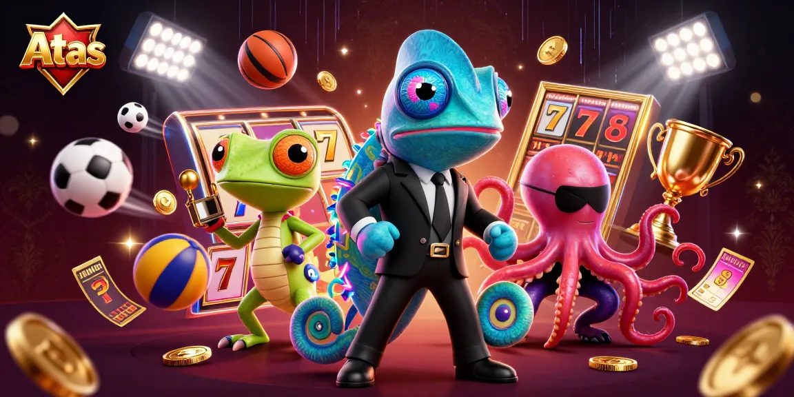 Atas Casino illustration showcases thrilling gameplay with vibrant characters and rich slot elements.