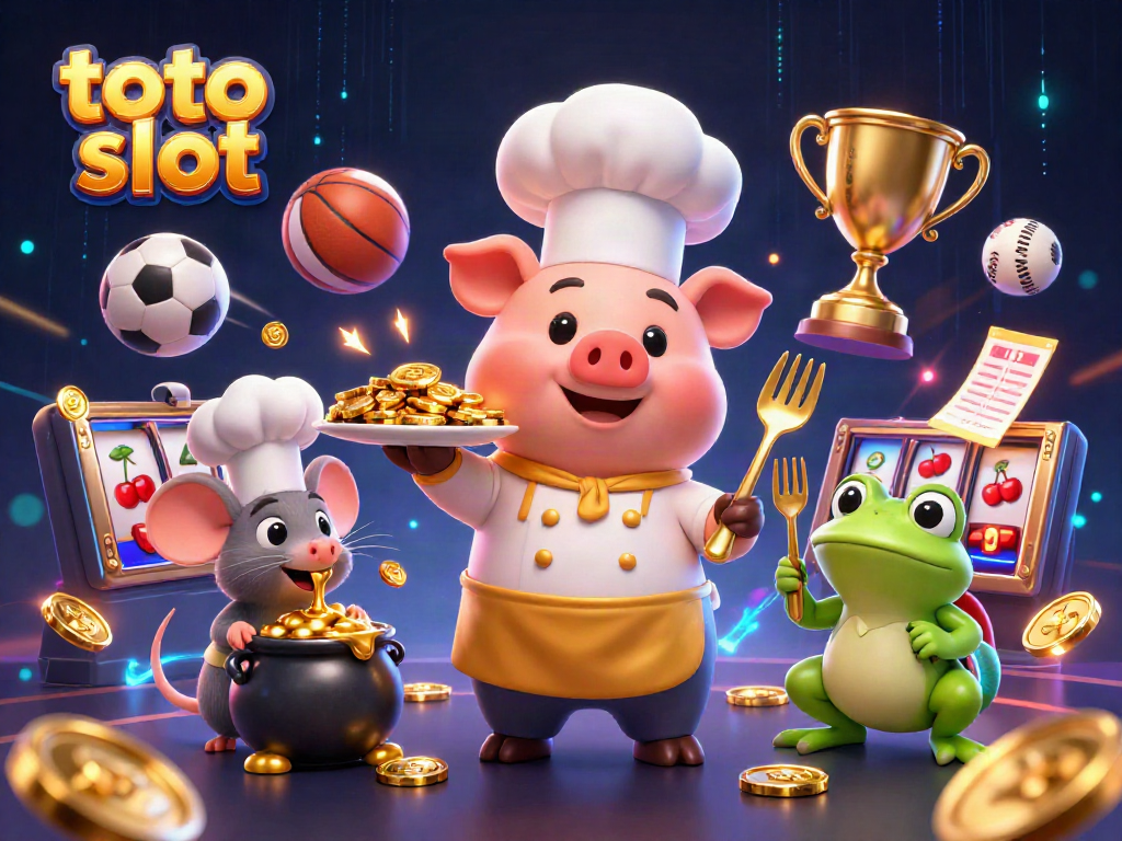 Toto slot invokes excitement and winning opportunities as a chef pig showcases gold coins and slot reels in a lively casino scene.