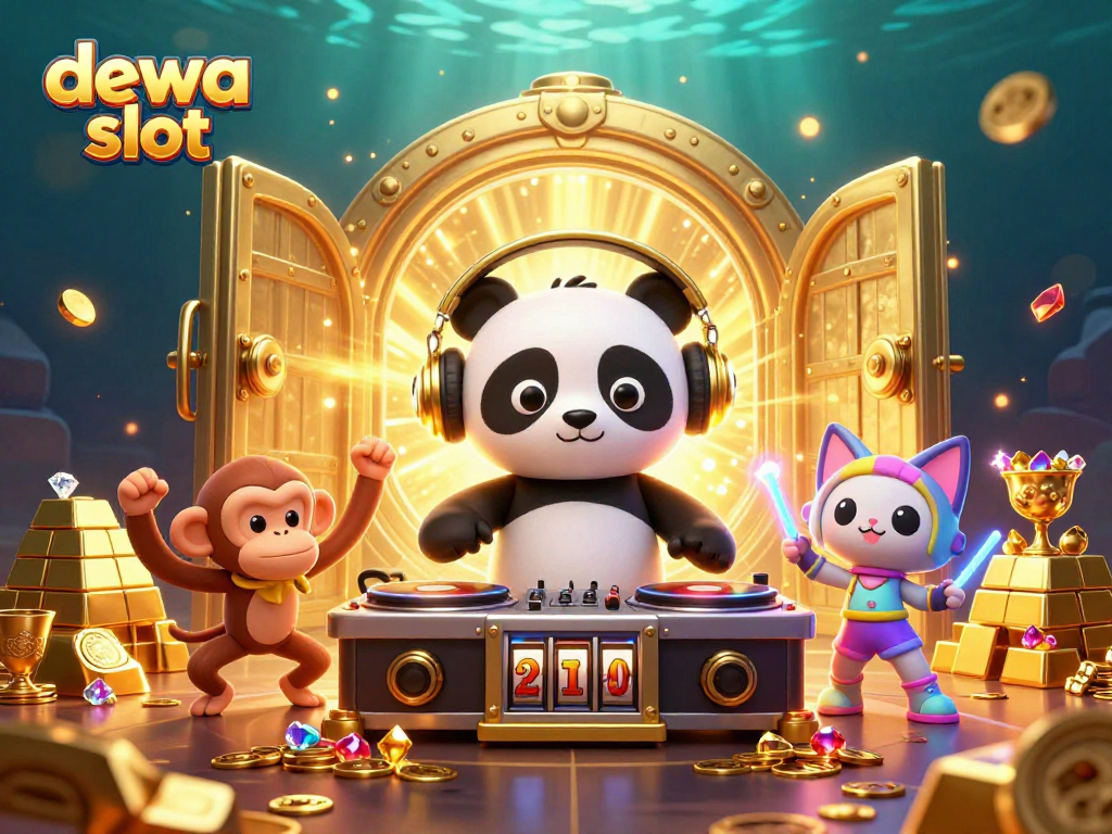 Menggali dewa slot dengan DJ panda dan teman-teman yang memeriahkan suasana kasino.
