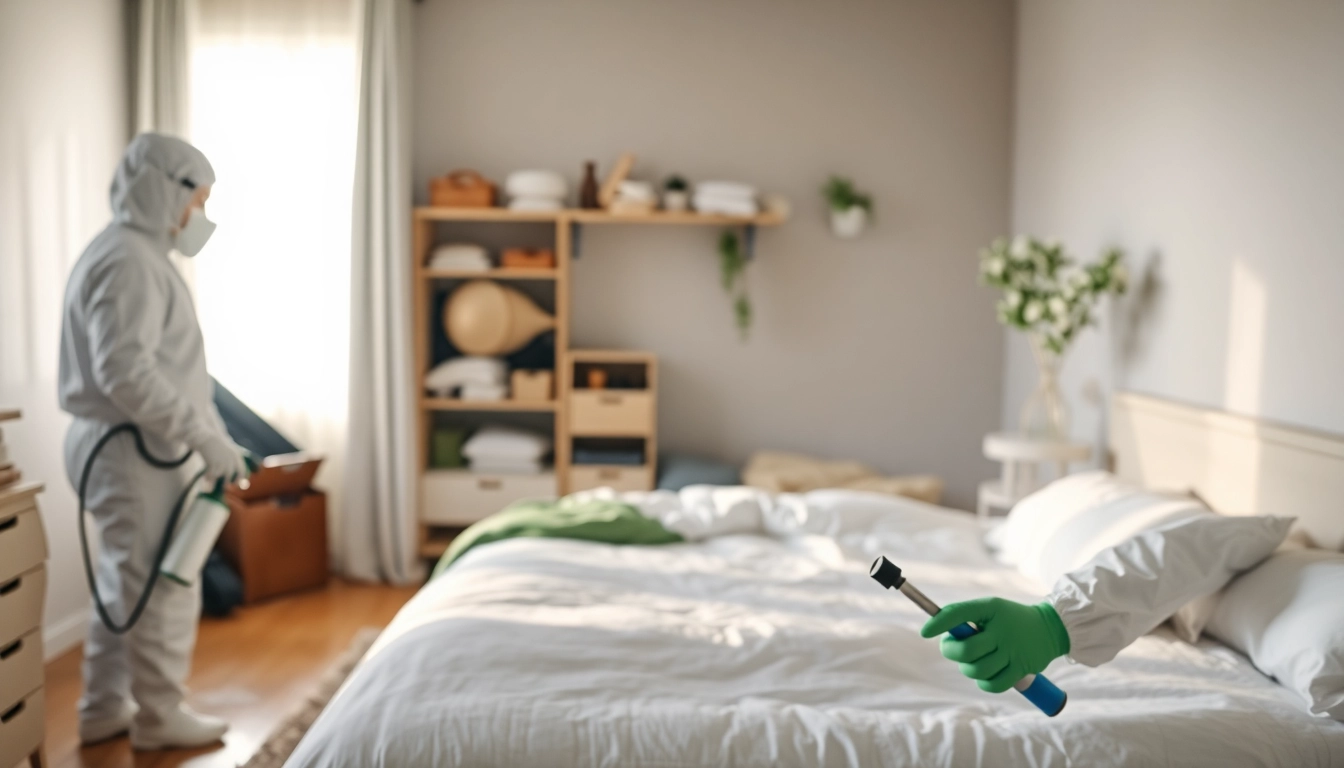 Engaged bed bug pest control expert treating an infested bedroom with professional methods.