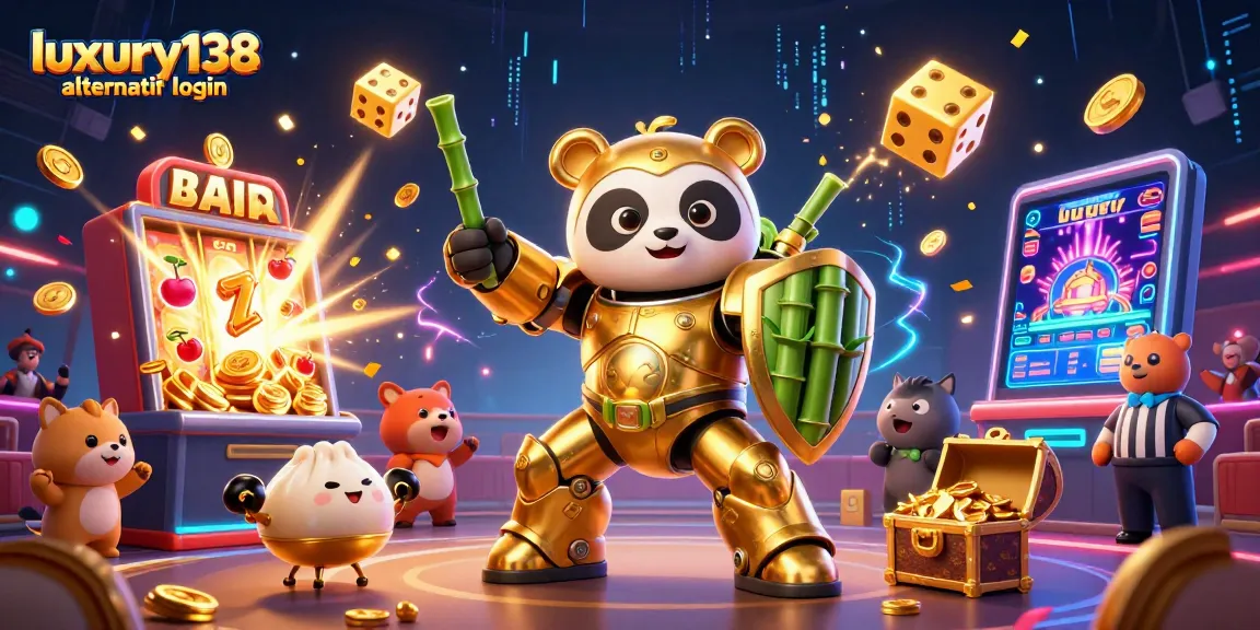 Visualisasi permainan judi online luxury138 alternatif login dengan karakter panda dan elemen kasino menarik.