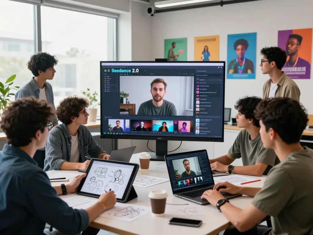 Team of creatives collaborating on innovative video projects using ai seedance 2.0 in a modern studio.