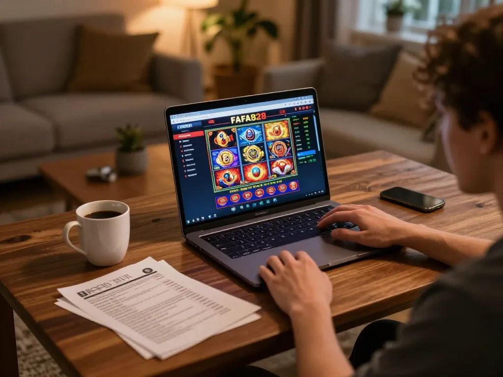 Engaging with FAFA828 online slots on a laptop in a cozy home atmosphere.