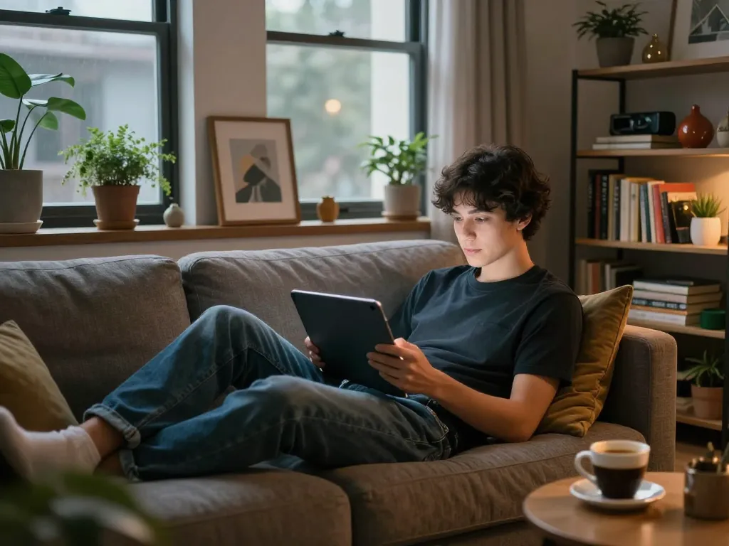 Engaging NSFW AI chat scene in a cozy urban setting with digital interaction.