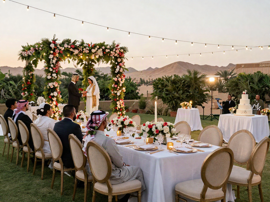 Event rental KSA setup at an elegant outdoor wedding with decorative elements.