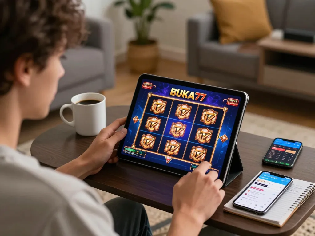 Engaging with BUKA77 slot games on a tablet in a cozy home setup, showcasing strategic online gambling.