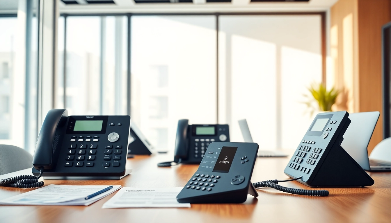 Showcase an office business phone systems arrangement with advanced features on a sleek desk.