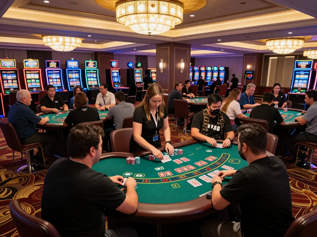king33 players engaging in an exciting live blackjack game on a vibrant casino floor.