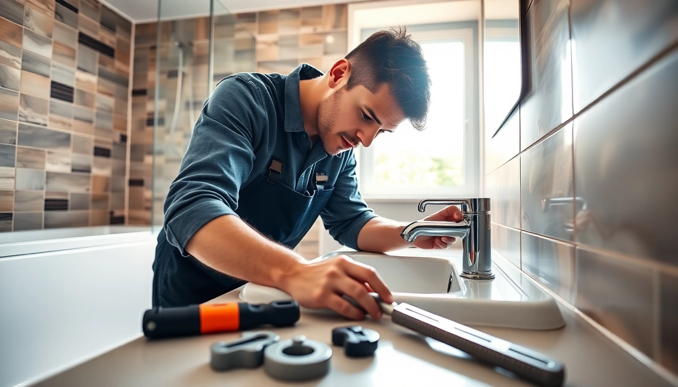 Ein Klempner von sonni sanitär GmbH, der an modernen Badezimmerinstallationen arbeitet.