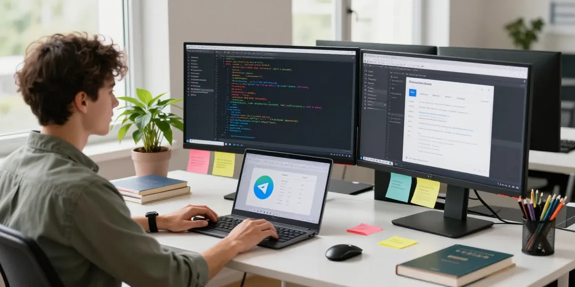 Developer in a modern workspace showcasing 纸飞机中文版 app features on multiple monitors.