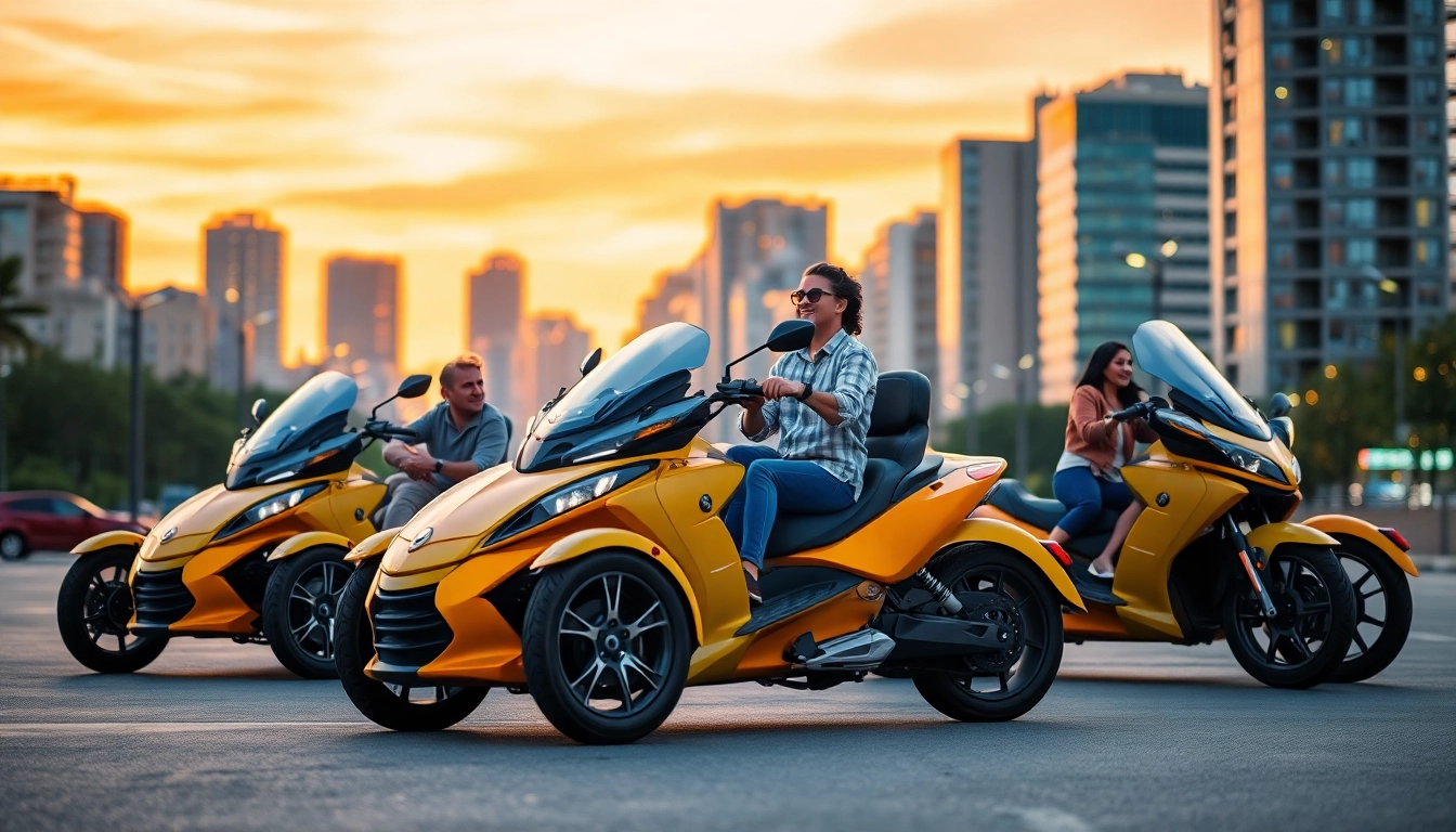 Experience the thrill of riding cheap street legal three wheeler trikes against a vibrant city backdrop.